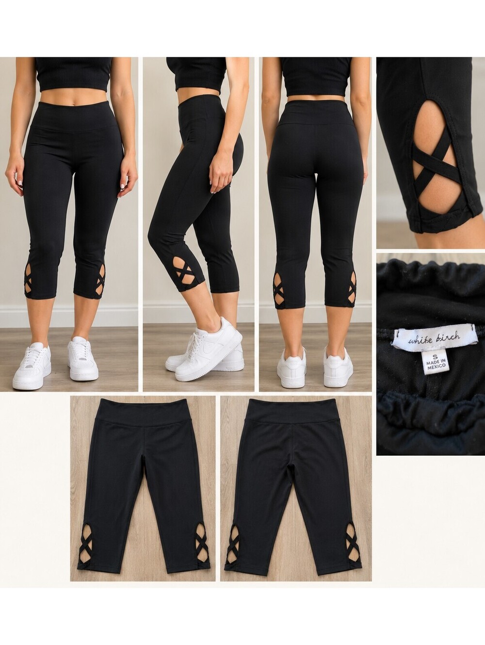 White Birch Women’s Small Black Capri Leggings Criss Cross Cutout Hem